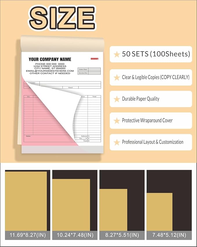 Custom Carbonless Invoice Book with Logo, Personalized Cover & Inner Pages, 2 Part NCR Receipt & Work Order Forms, Easy Tear, Writing Shield for Small Business (2-Part [White/Red], 11.8x8.3INCH)