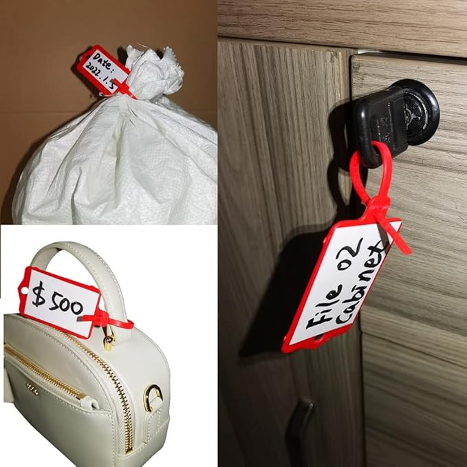 100pcs Reusable Blank Plastic Tags Ties Key Tags 1.45"*2.48" Serrated Tension Sealing Strap with Large Label Plastic Tie Mark Label Waterproof Hang Sign Write on Tag (Red, 100pcs)