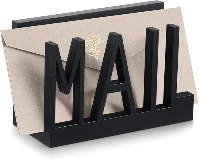 Vercraft Mail Organizer Holder Organizer Countertop Modern Wooden Black Letter Holder with Cutout Lettering Design Outgoing Mail Holders for Office Desktop Envelope and Document Storage Rack