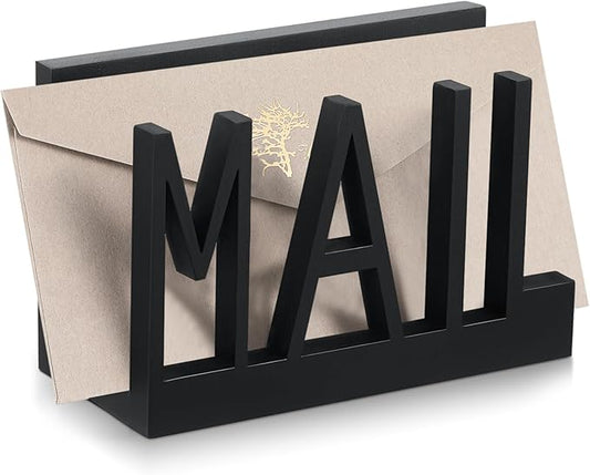 Vercraft Mail Organizer Holder Organizer Countertop Modern Wooden Black Letter Holder with Cutout Lettering Design Outgoing Mail Holders for Office Desktop Envelope and Document Storage Rack