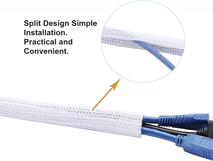 QCSIW 50ft 1 Inch White Cable Sleeve – Split Wire Loom Tubing Cord Protector – Flame Retardant Polyester Cable Management Wrap for Desk, TV, PC – Pet Chew Resistant & Easy to Cut