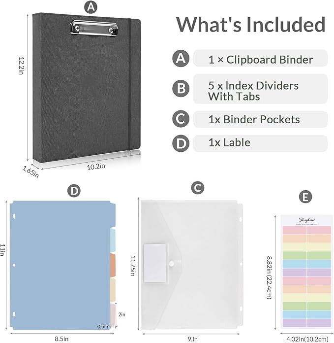 SKYDUE Clipboard Binder with Dividers,1 Inch 3 Ring Binder with Clipboard on Front for Organizer, Clipboard Folder with Pocket, Labels Office Supplies Gray