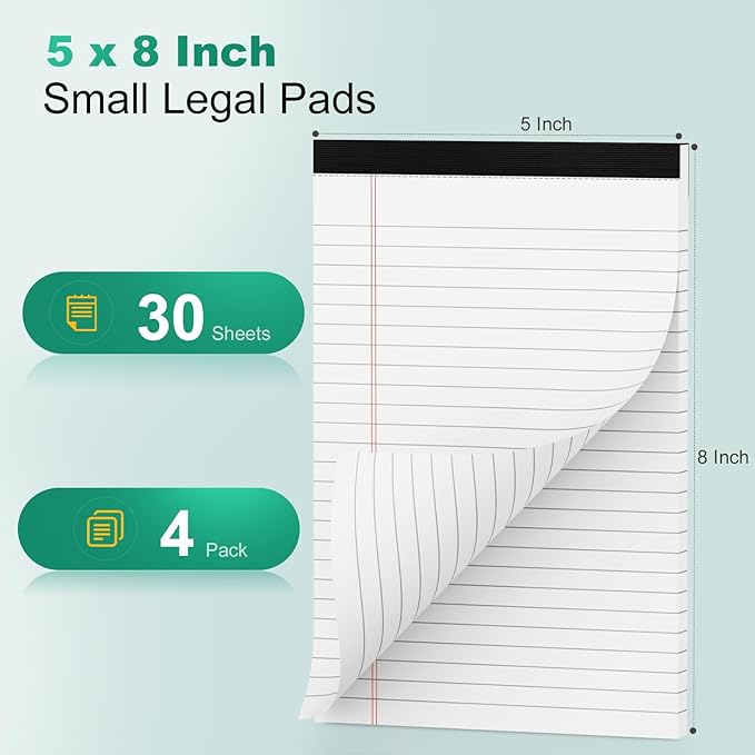 Roneky Legal Pads 5x8 Inch, 4 Pack, Narrow Ruled, 5x8 White Legal Pad, Mini Double-Sided Printing Notepad Perforated Note Pads 5x8 Lined Paper, Lined Writing Pads for Office Home School, 30 Sheet/Pad