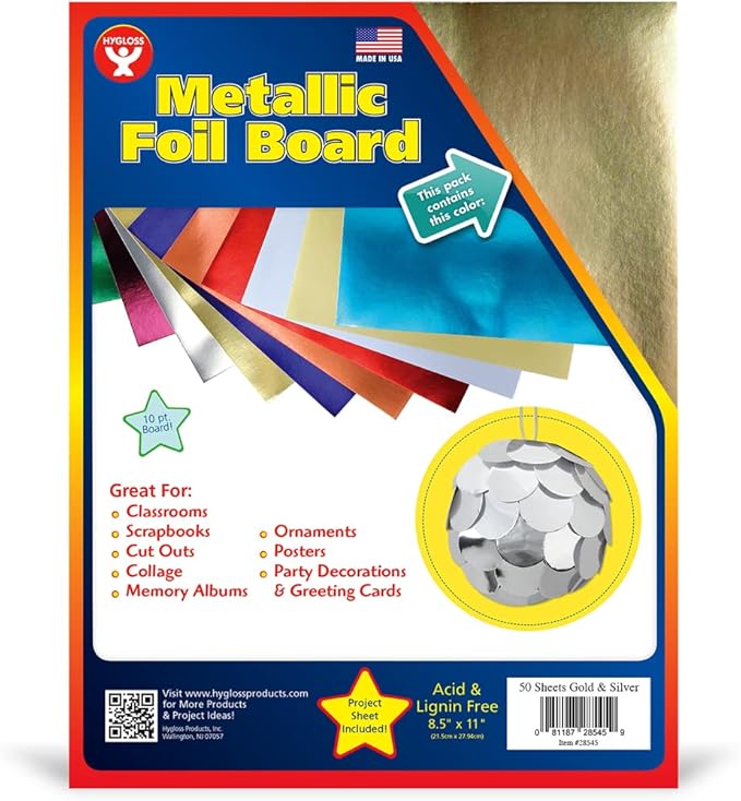 Hygloss Metallic Cardstock Sheets – 50 Shiny Gold & Silver Sheets, 8.5” x 11” - Sturdy 10 pt. – Metallic Foil Board Paper for Crafts, Scrapbooking, Posters & Decorations
