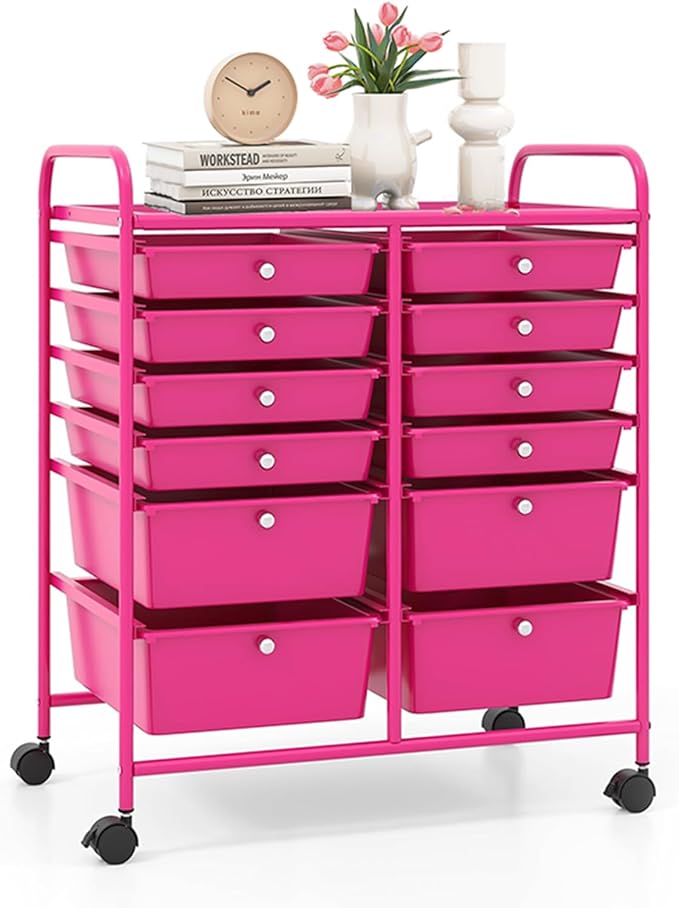 LDAILY 12 Drawer Rolling Storage Cart, Craft Cart Organizer on Wheels w/Metal Frame, Large Capacity & Smooth Drawer, Rolling Cart w/Drawers for Classroom, Office
