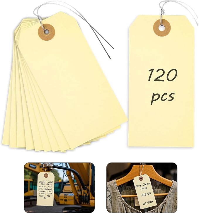 SallyFashion 120 PCS Manila Tags with Wire, 4 3/4" x 2 3/8" Heavyweight Shipping & Inventory Labels, Blank for Price, Gift, Retail, Crafts, Warehouse & Office