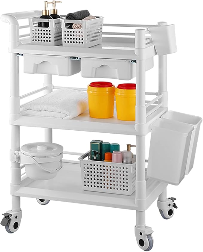 Rolling Utility Cart,Qiwey Medical Utility Cart with Drawers,3-Tier Esthetician Cart with Wheelsfor Beauty Salon SPA Commercial Hospital Office Lab Cart White