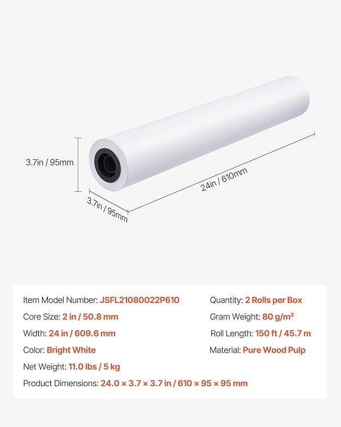VEVOR Wide Format Paper, 24 in x 150 ft Plotter Roll, 2 Rolls CAD Bond Rolls with 2 in Core, 20 LB Bond Paper Rolls, Ideal for CAD Drawings, Engineering Plans, GIS Maps, and Architectural Designs