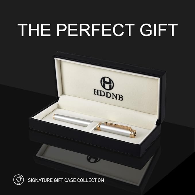 HDDNB Silver Luxury Fountain Pen Set for Men and Women with Gift Box, 24K Gold Finish and Gilded Nib(Extra Fine) with 5 Black Ink Cartridges and Converter
