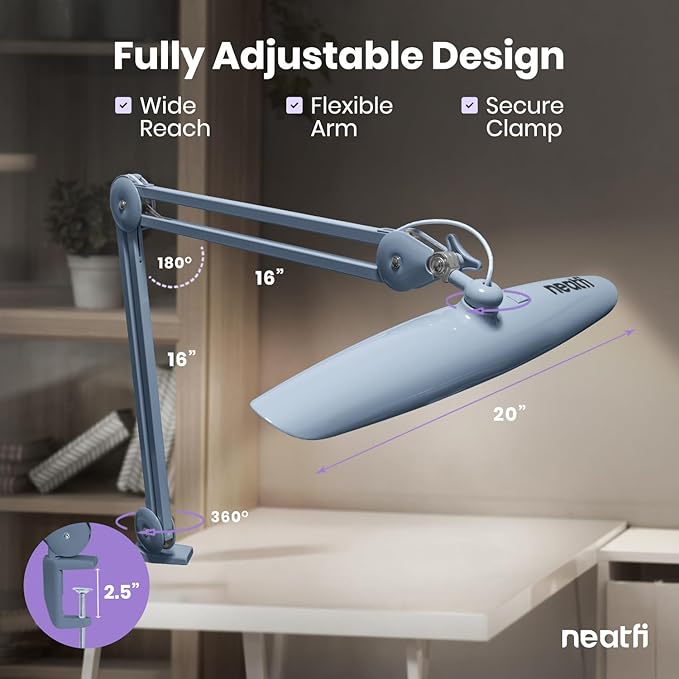 Neatfi XL 2,200 Lumens LED Desk Lamp with Clamp, 24 Watt Bright Architect Task Lamp, 20 Inches Dimmable Computer Light, Adjustable Desk Light for Home, Office, Crafts, Nails & Hobbies (Non-CCT, Gray)