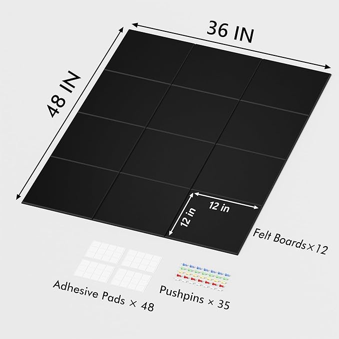 Neatsure Large Cork Board for Wall, 48" x 36" Bulletin Board with Pushpins, 12 Panels Felt Tiles Tack Push Pin Board for Office, Black