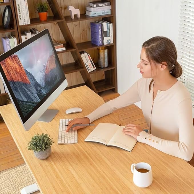 FLEXISPOT EN1 Bamboo Standing Desk, 60 x 30 Inches Whole-Piece Electric Adjustable Height Desk for Home Office (Black Frame + Bamboo Curved Desktop, 2 Packages)