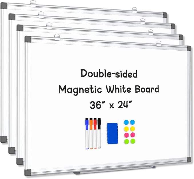 AMUSIGHT 4 Pack Double-Sided Magnetic Whiteboard, 36" x 24" Dry Erase Board, Aluminum Frame White Board for Wall, Hanging Mounting White Board Dry Erase Marker Board for Office, School, Home