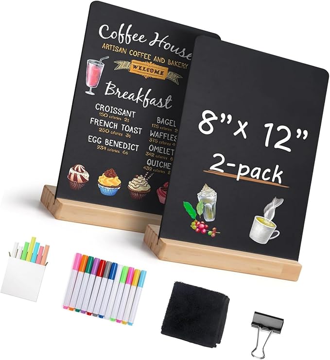 Double-Sided 8x12Inch Chalkboard with Wood Stand Erasable Memo Board for Home Office Classroom Decor & Daily Organization Desktop Chalkboard Set