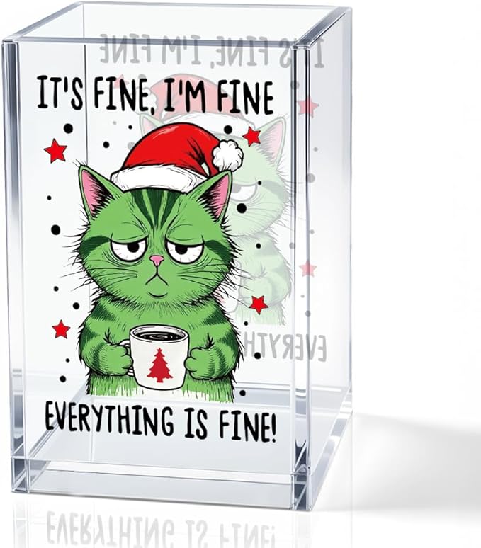 QYUVK It's Fine I'm Fine Everything Is Acrylic Makeup Brush Pencil Holder Cup, Funny Cat Pen Holder Gifts For Friends HR Nurse, Christmas Office Gifts for Women Coworker, Pencil Cup for Desk