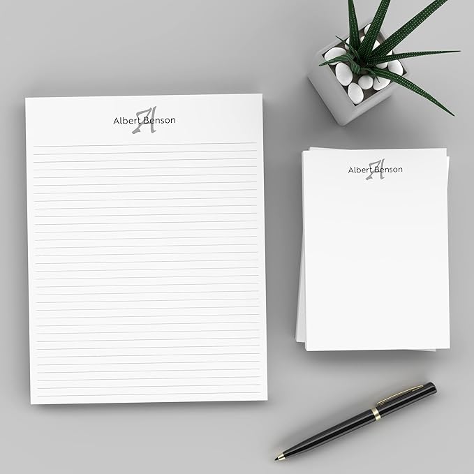 PrintPPS Personalized Monogram Notepads with your Name and Initial - 2 Pack Gift Set of 5 x 7 @ 50 Sheets Per Pad - Optional Ruled Lines - Custom Stationery For To Do Checklists, and Gifts