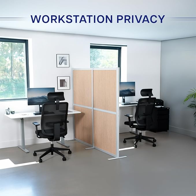 VIVO Modular Wall System, 2 PET Panels, Modern Professional Office Cubicle Dividers, Freestanding Privacy-Screen, 66 inches High, Flat Wood, Silver Frame, PP-MWS63C