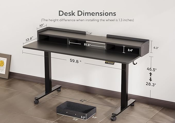 Claiks Standing Desk with Drawers, Adjustable Stand Up Electric Standing Desk Adjustable Height with Storage Shelf and Splice Board, 59 Inch, Black
