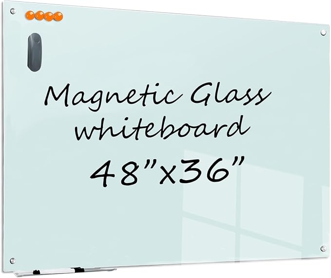 Glass Dry Erase White Board - 48"X36" Magnetic Whiteboard Large Frameless Boards with Super Strong Magnets for Office, School and Home Wall