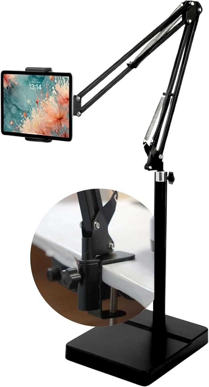2-in-1 Tablet Floor Stand with tablet stand for desk – Stable 8lb Base with Stretchable Arm for Bed, Couch, or Desk Compatible with iPads, Galaxy Tabs, Surface Pro, Phones & E-Readers (4.7"–12.9")