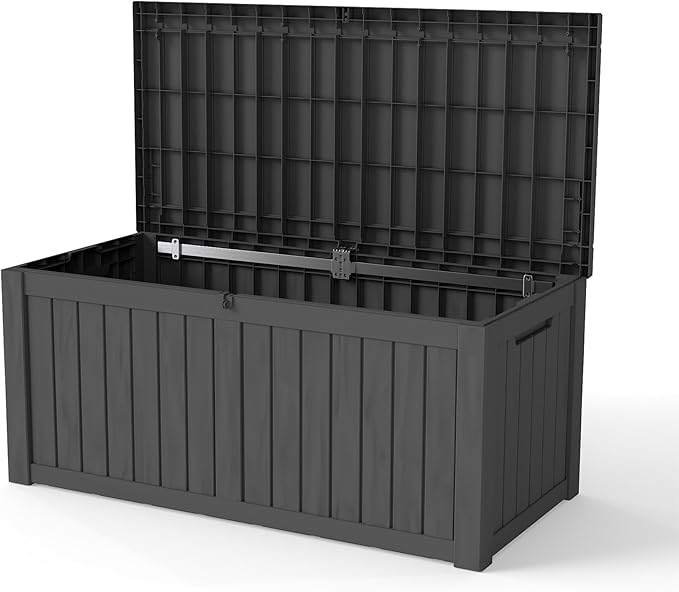PATIOEASY Outdoor Storage Box 150GAL Waterproof Resin Deck Box,UV-Resistant Lockable Package Delivery Bin for Garden Tools,Large Patio Outside Cushions,Pool Accessories Supplies,Chest,Furniture,Black