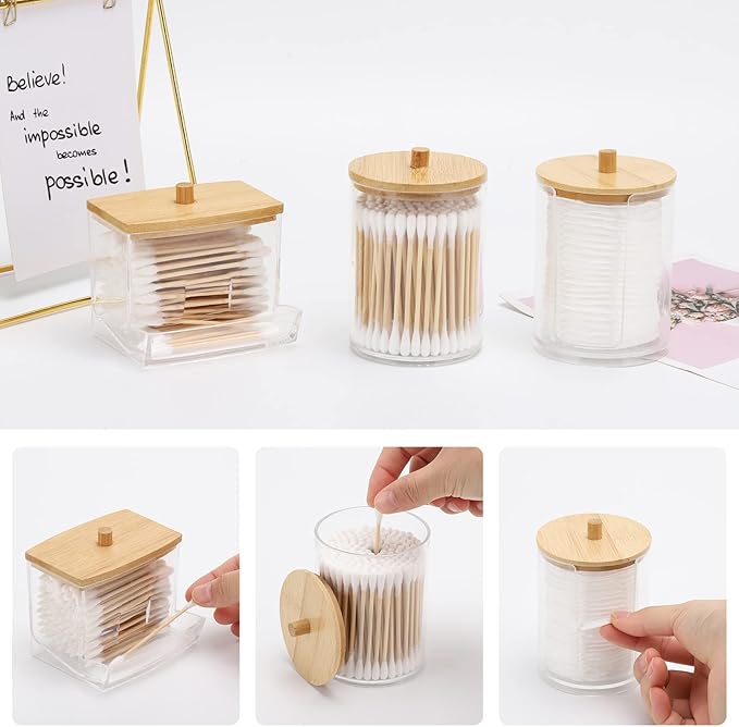Tbestmax Bathroom Organizer Accessories Set-10 OZ Qtips Holder Storage with Bamboo Lids, Cotton Ball/Swabs Dispenser, Apothecary Container Jar 3 Pcs