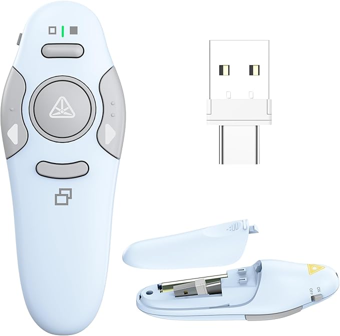 QUI Presentation Clicker Wireless Presenter Remote Clicker for PowerPoint Presentation Remote, PowerPoint Slide Advancer for Mac/Windows/Linux, Google Slide/PPT/Keynote, USB A&C, Blue