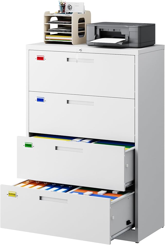 PEUKC 4 Drawer File Cabinet, Lateral Filing Cabinets for Home Office, Office Storage Drawers with Lock, Hanging Files Legal/Letter A4 Size (Assemble Required,White)