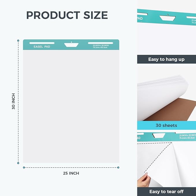 FAHKNS Sticky Easel Pad，Large 25x30 Inch Self-Adhesive Teacher'S Flip Chart Paper, Easel Pad with Dry Erase Surface for Classroom/Office, White, 30 Sheets/Pad, 10Pads/Pack, 300 Sheets