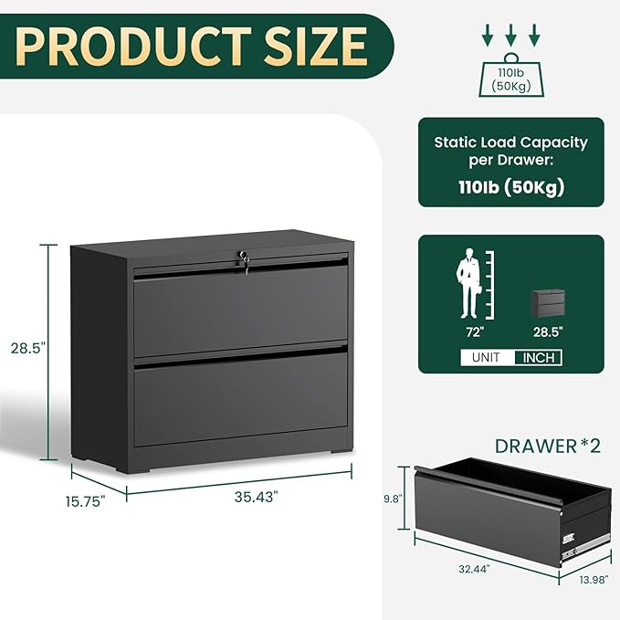 2 Drawer Lateral File Cabinet with Lock, Metal File Cabinets for Home Office, Office Furniture for Organization Hanging Legal/Letter/A4, Metal Filing Cabinet Storage Cabinet, Require Assembly, Black