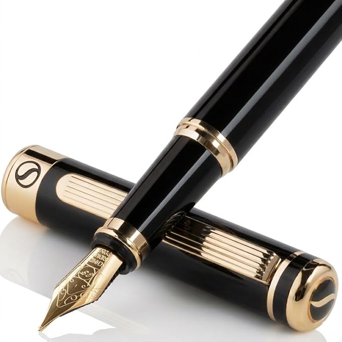Scriveiner Luxury Fountain Pen - Stunning Black Lacquer Pen, Real Gold Finish, Schmidt Gilded Nib (Extra Fine), Converter, Best Pen Gift Set for Men & Women, Professional, Executive, Office, Nice Pens