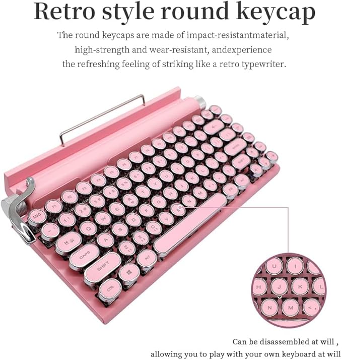 Adventurers Typewriter-Style Retro Mechanical Keyboard LED Backlight 83 Keys Bluetooth 5.0 Blue Axis Pink Color Panel Compatible with iOS/Android/Windows/Vista/Linux/Mac Office/Gaming, 12.3x6.6x1.6in