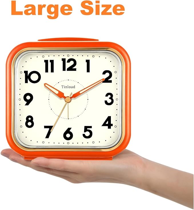 Tinload 5.5" Large Analog Alarm Clock • Silent Non Ticking • Gentle Wake • Beep Sounds • Increasing Volume • Battery Operated Snooze and Manual Light • Retro Orange