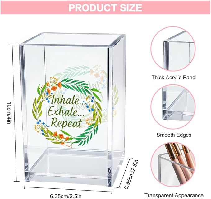 Vgrti Inhale Exhale Repeat Acrylic Cosmetic Pencil Pen Holder Cup, Inspirational Desk Organizer Accessories for Home Office Meditation Room Decor, Motivational Gifts for Women Girl Yoga Lover Coworker