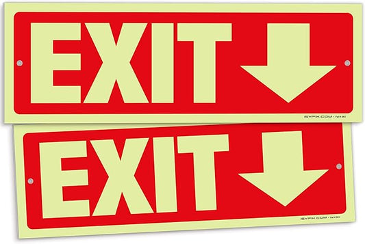 iSYFIX Exit Signs with Directional Down Arrow - 2 Pack 12x4 Inch Glow in the Dark for Business, School, Office, Warehouse - Durable 40 Mil Polystyrene, UV Laminated, Waterproof, Scratch & Fade Resistant