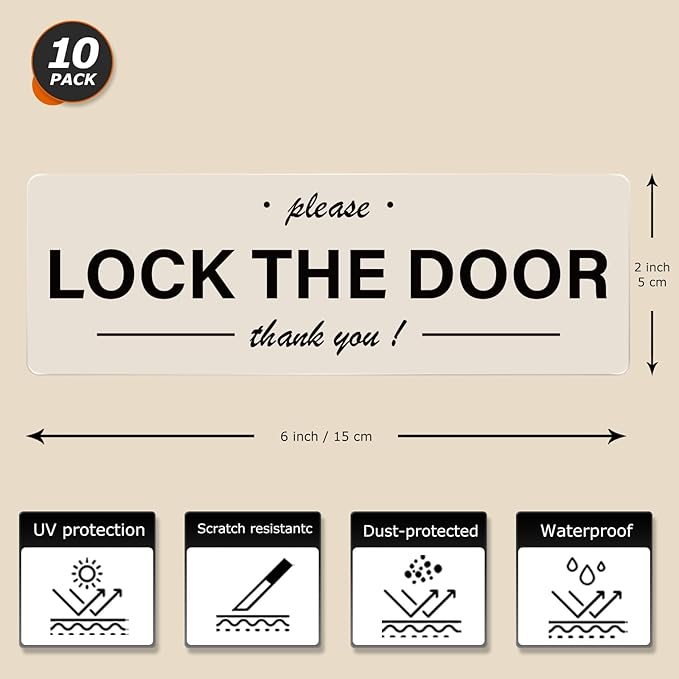 YIKIADA Please Lock The Door Sticker 6 × 2 Inches Vinyl Self-Adhesive Decals Waterproof Close Door Warning Labels Gate Office Window Indoor Clings 10 Pack