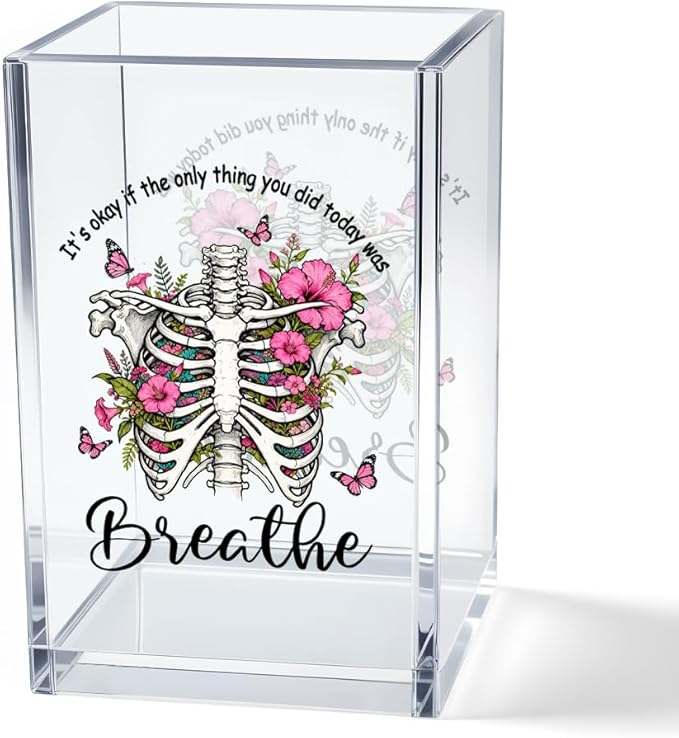 Vgrti It's Okay Only Breathe Acrylic Cosmetic Pencil Pen Holder Cup, Skeleton Desk Organizer Accessories for Office, Inspirational Gifts for Women Girl Coworker Therapist Teacher Respiratory Doctor