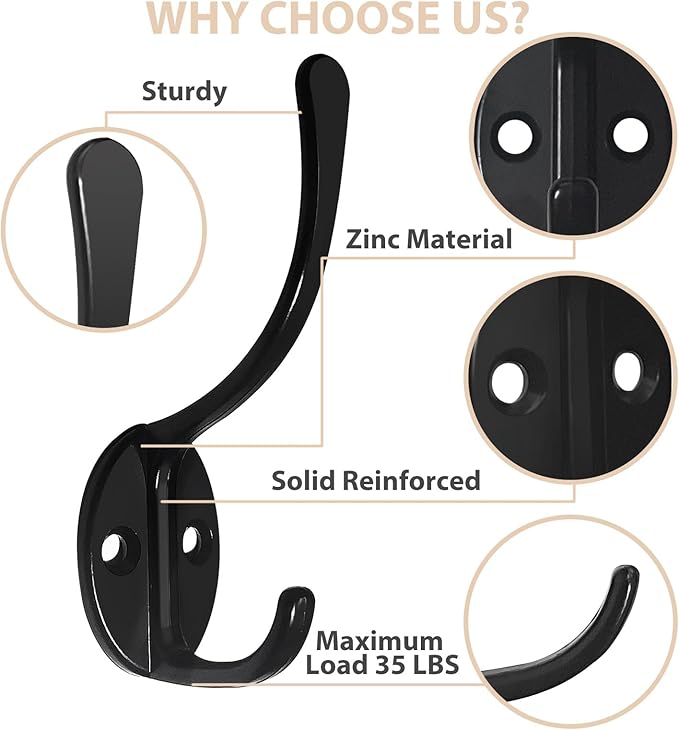 Homanu 10 Pack Coat Hooks Wall Mounted with 20 Screws, Heavy Duty Black Towel Hooks Metal Double Hooks, No Rust Retro Rustic Wall Hooks for Hanging Towel, Coat, Scarf, Bag, Hat, Cup, Key