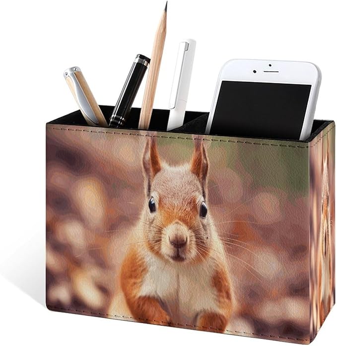 Famame Autumn Fall Squirrel Pencil Holder for Desk, Leather Desktop Container Pen Cup Storage Study Table Pen Organizer Makeup Brush Holder for Classroom Office Home
