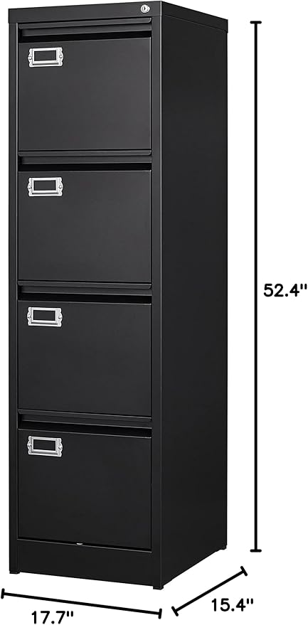 BYNSOE 4 Drawer File Cabinet with Lock Metal Vertical File Cabinet Office Home Vertical File Cabinet for A4 Legal/Letter Size Narrow File Cabinet Locked,Assembly Required (Black, 4 Drawers- Vertical)