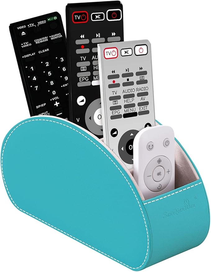 Remote Control Holders Organizer Box with 5 Compartment PU Leather Multi-functional Office Desk Storage Caddy Store Tv Remote for Media Player,Brush,Pencil,Glassees&Office Supplies (Lake Blue)