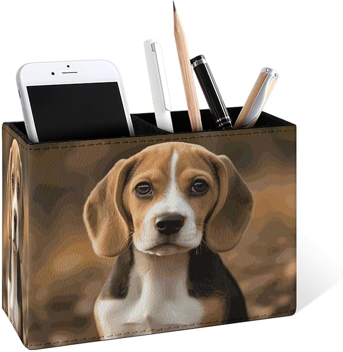 Famame 3D Beagle Dog Pencil Holder for Desk, Leather Desktop Container Pen Cup Storage Study Table Pen Organizer Makeup Brush Holder for Classroom Office Home