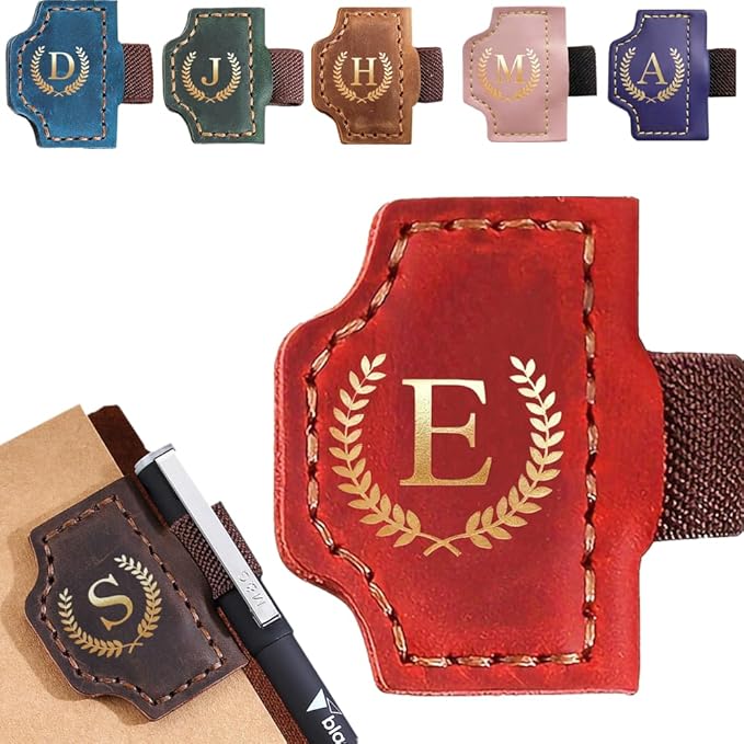 Personalized Mark Bookmark with Pen Holder, Leather Magnetic Book Marker 26 Letters,Custom Initials Page Marks, Gifts for Book Lovers Readers Men Women (Red, E)