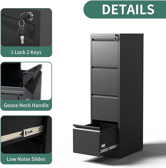 FLIXELIO 4 Drawer File Cabinet with Lock,Metal Vertical Filing Cabinets for Home Office,Heavy Duty File Storage Cabinet for Letter/Legal/A4/F4 Size File,Assembly Require (Black, Vertical 4 Drawer)