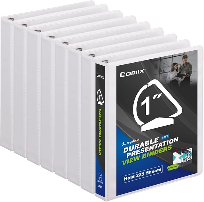Comix Sturdy 3-Ring-Binder 1-inch D Ring Binders, 2.4mm-Thick, Hold 225 Sheets of 8.5" x 11" Paper, 8 Pack (White)
