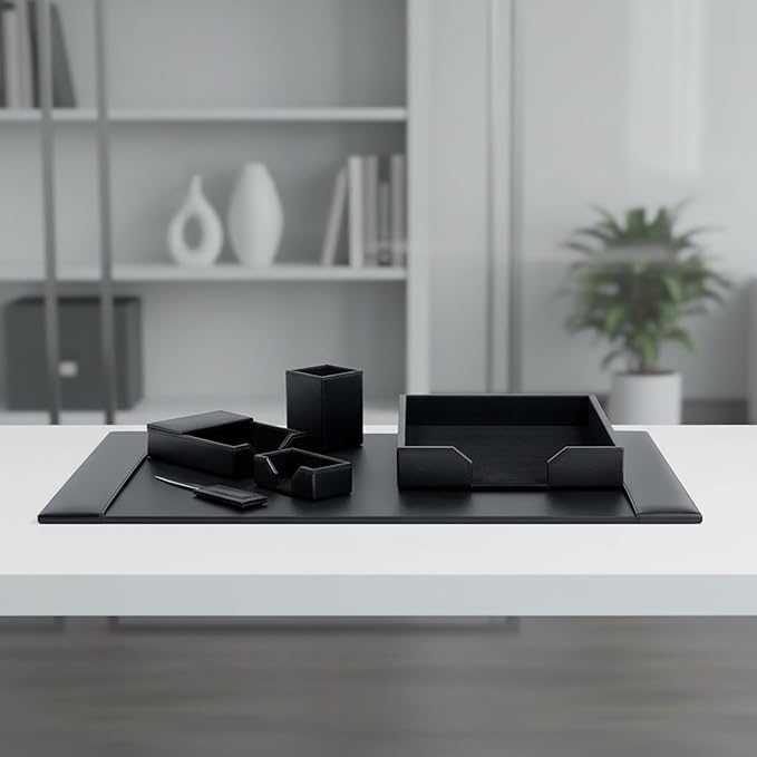 DACASSO Bonded Leather Desk Set - Luxury Leather Desk Pad & Desk Organization Essentials (Black, 6 Piece)