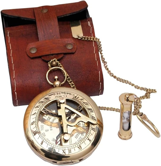 Handcrafted Vintage Brass Sundial Compass – Antique Nautical Sun Clock with Leather Case – Engraved Collectible Brass Compass Gift for Men - Nautical Gifts for Men, Anniversary Vintage Gifts