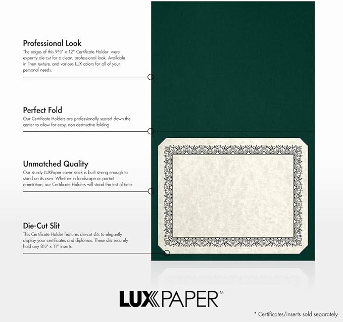 LUXPaper 9.5" x 12" Certificate Holders | Green Linen | 100lb. Cover | 100 Qty