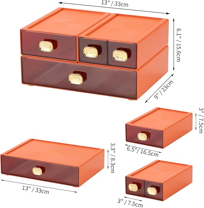 OSteed Spacious Desktop Storage Box, 1 Large 1 Middle & 2 Small Storage Drawers, Stackable Office Desk Drawer Organizer and Accessories, Printer Paper Organizer, Orange Plastic Drawers for Workspace