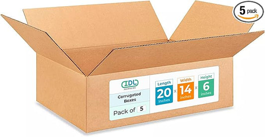 Large Shipping & Moving Boxes 20 x 14 x 6 inches (5-Pack) - Extra Strength 200 lb vs Regular - Corrugated Durable Large Moving Boxes - Shipping Box for USPS, FEDEX - Packing Box by IDL Packaging